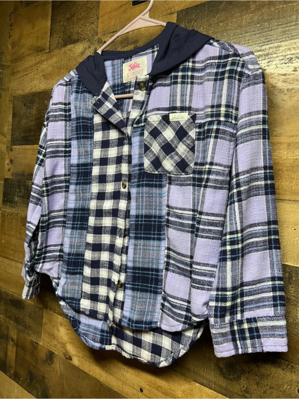 Justice Purple & Navy Plaid Hooded Button-Down Shirt